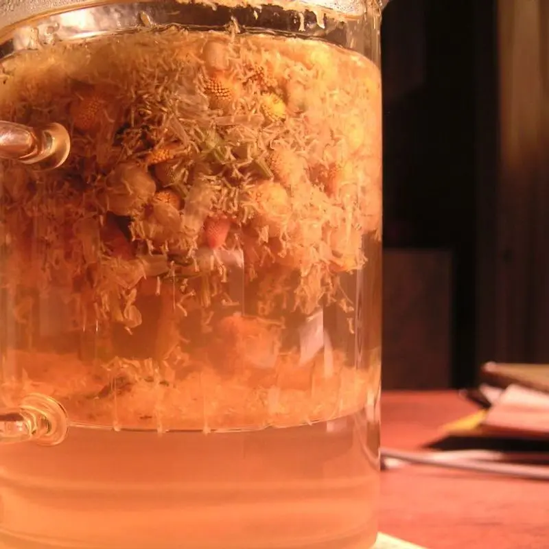 Taza de cristal con infusión de manzanilla y flores flotando