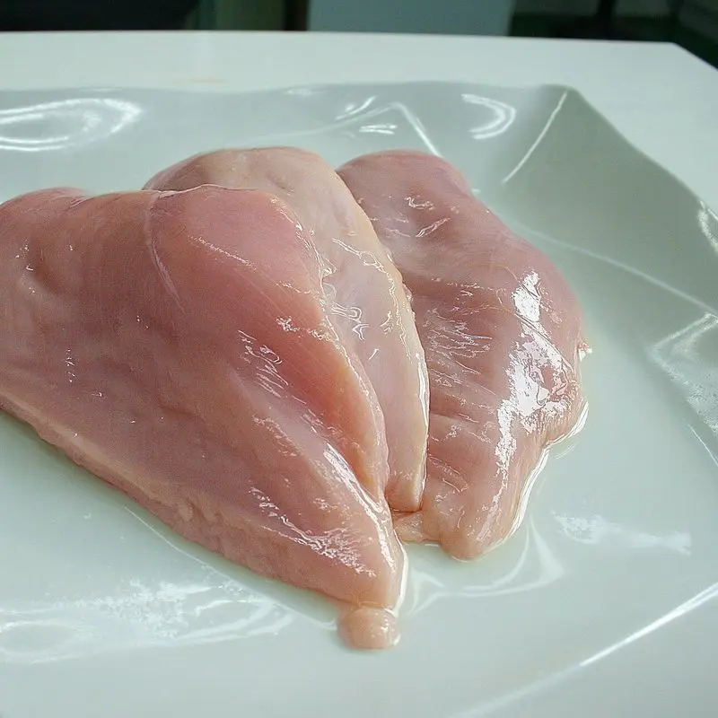Filetes de pechuga de pollo crudos sobre un plato blanco