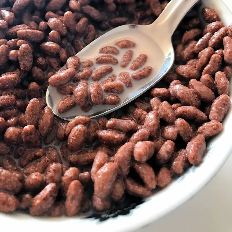 Cereales de chocolate en forma de almohadillas con una cuchara de leche