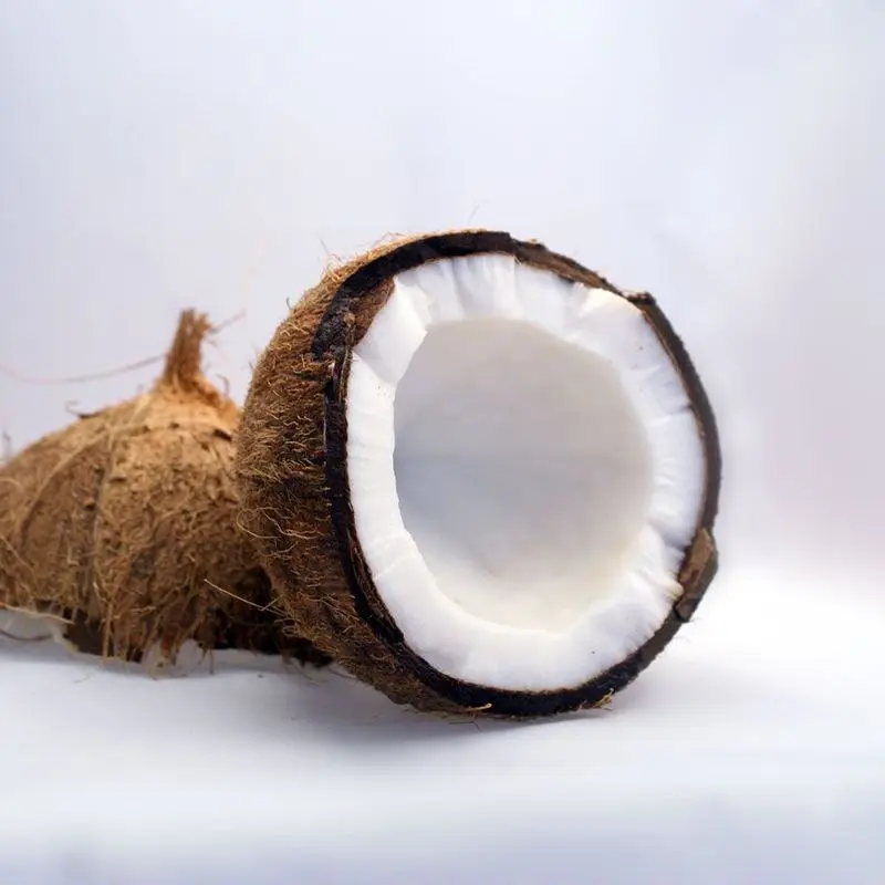 Coco abierto por la mitad con la pulpa blanca a la vista sobre fondo claro