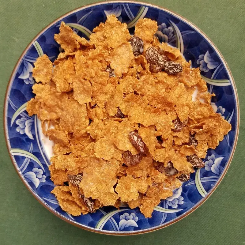 Plato azul y blanco de copos de salvado de trigo con pasas