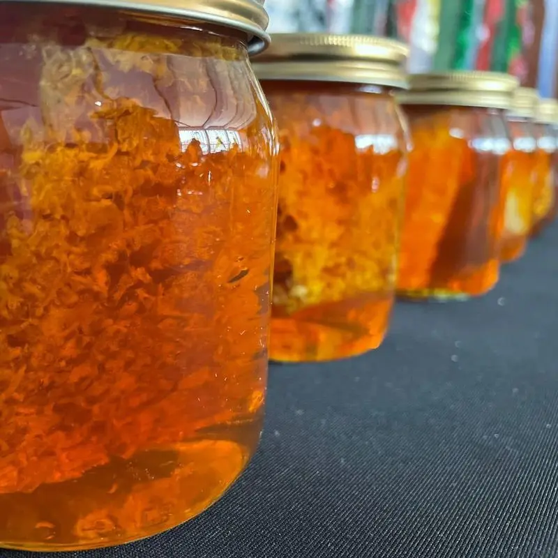 Tarros de miel de color ámbar con panal en su interior