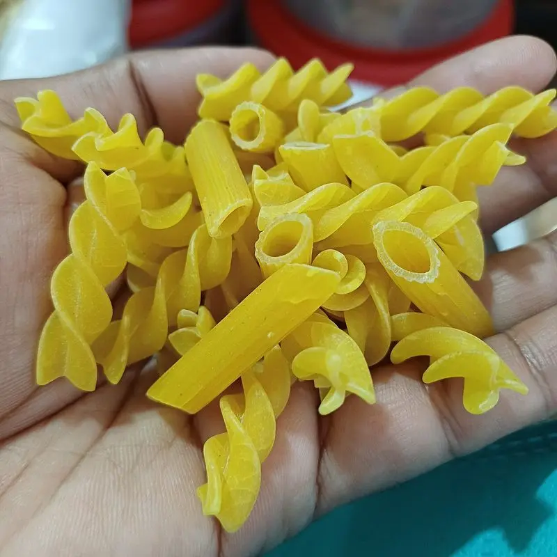 Pasta fusilli amarilla cruda en una mano