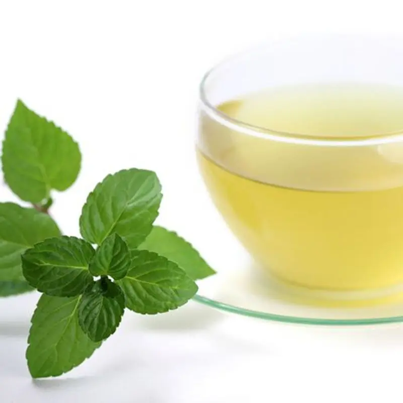 Taza de cristal con infusión clara y hojas de menta fresca al lado