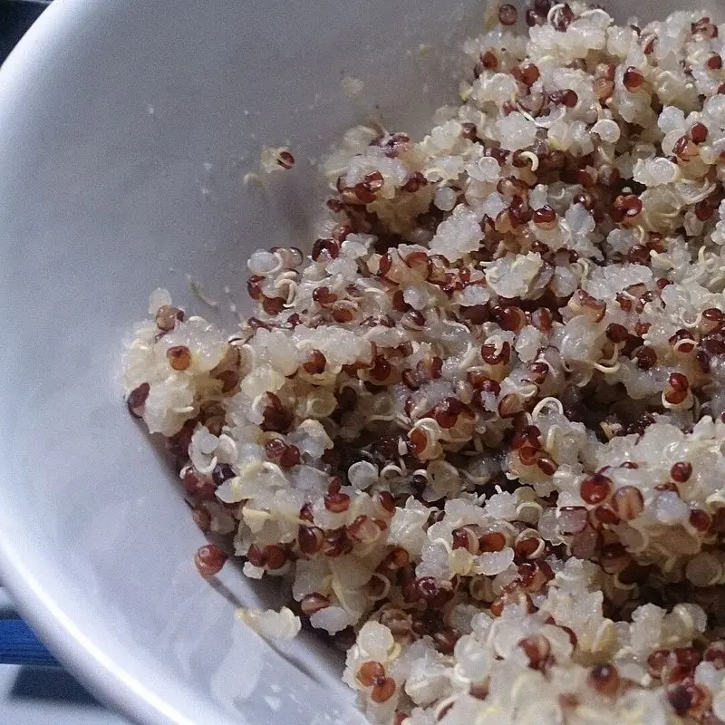 Quinoa cocida blanca y roja con los granos abiertos en un plato