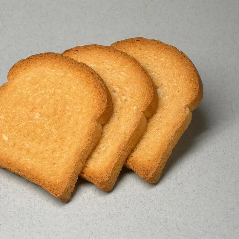 Tres biscotes dorados apilados sobre una superficie gris