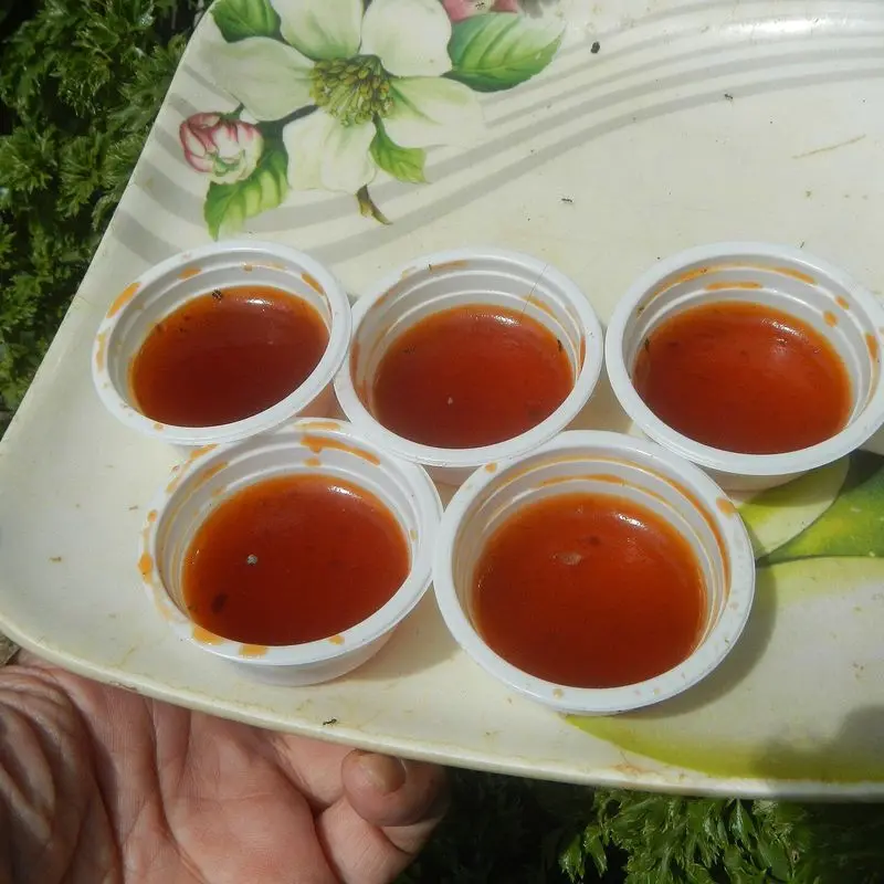 Cuatro vasitos con salsa agridulce roja sobre un plato decorado