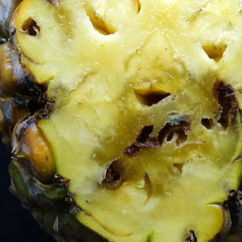 Piña abierta que muestra la pulpa amarilla junto a la piel escamosa
