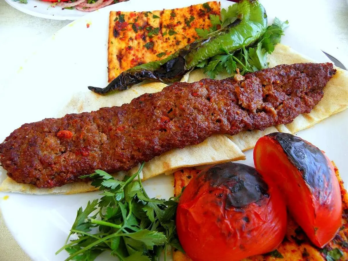 Kebab alargado de carne picada sobre pan plano con tomate y pimiento asados y perejil fresco