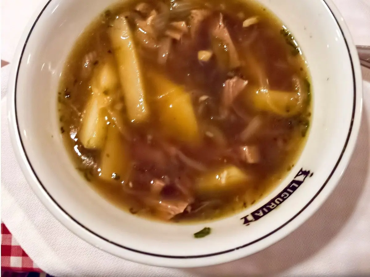 Plato hondo de caldo marrón con carne deshilachada y trozos de tubérculo