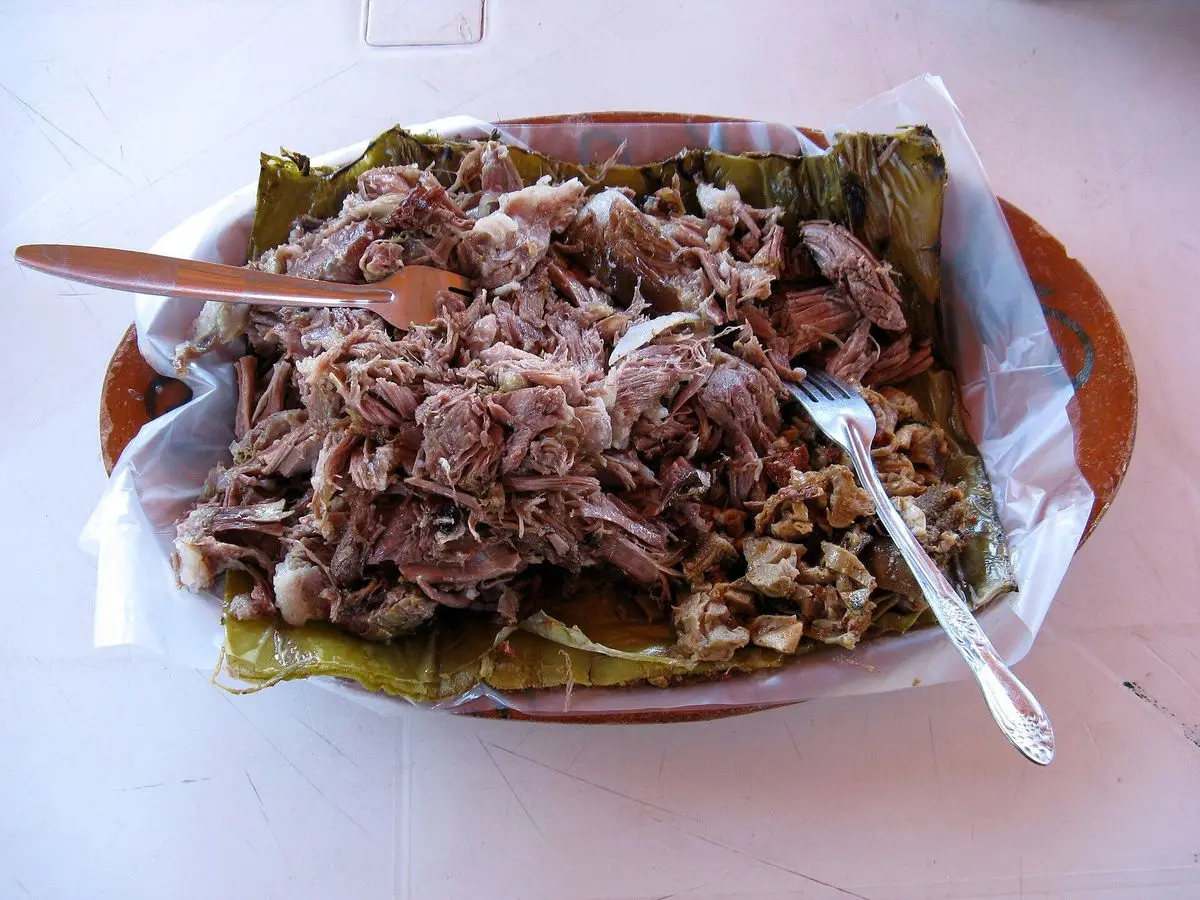 Barbacoa de carne deshebrada servida sobre hojas de penca en una fuente con cuchara