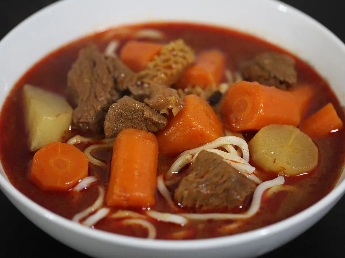 Cuenco de estofado de ternera con zanahoria, patata y fideos en salsa roja