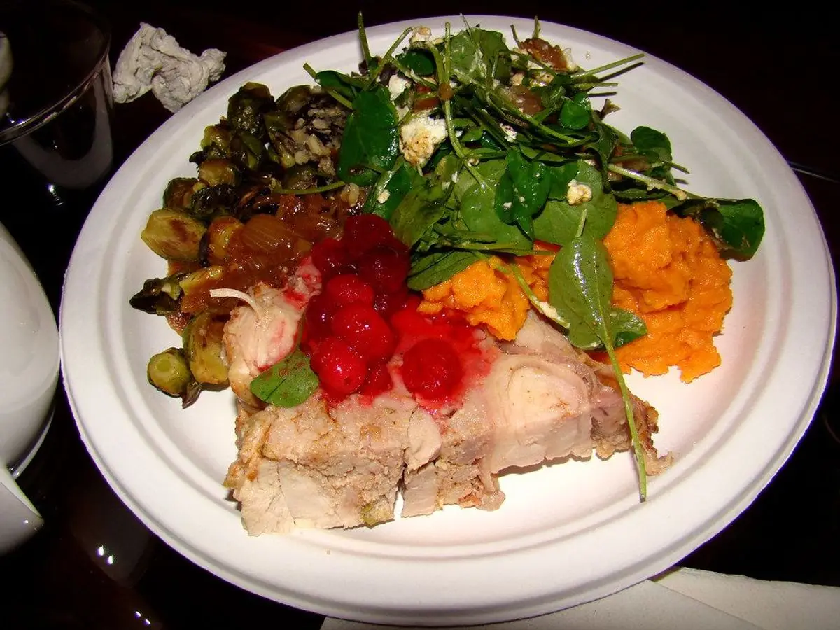 Plato con pavo asado, salsa de arándanos rojos, puré de calabaza y hojas verdes