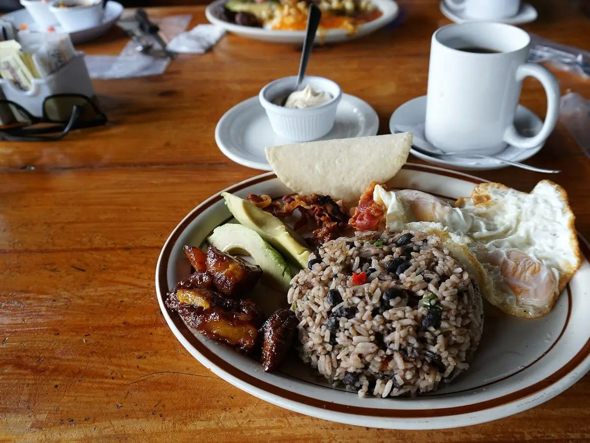 Plato con gallo pinto de arroz y alubias, huevo frito, plátano frito y una tortilla