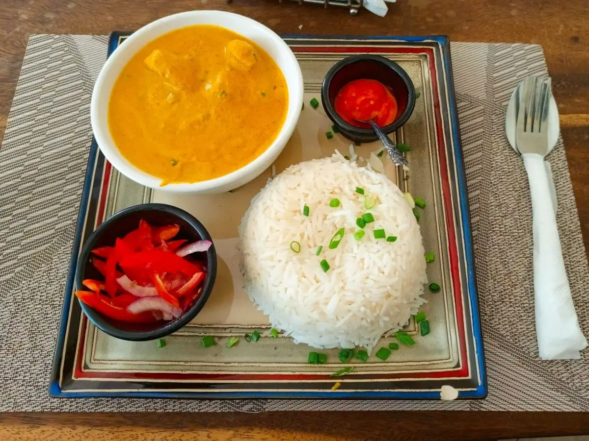 Pollo al curry cremoso en un cuenco blanco con arroz, cebolleta y pimiento rojo