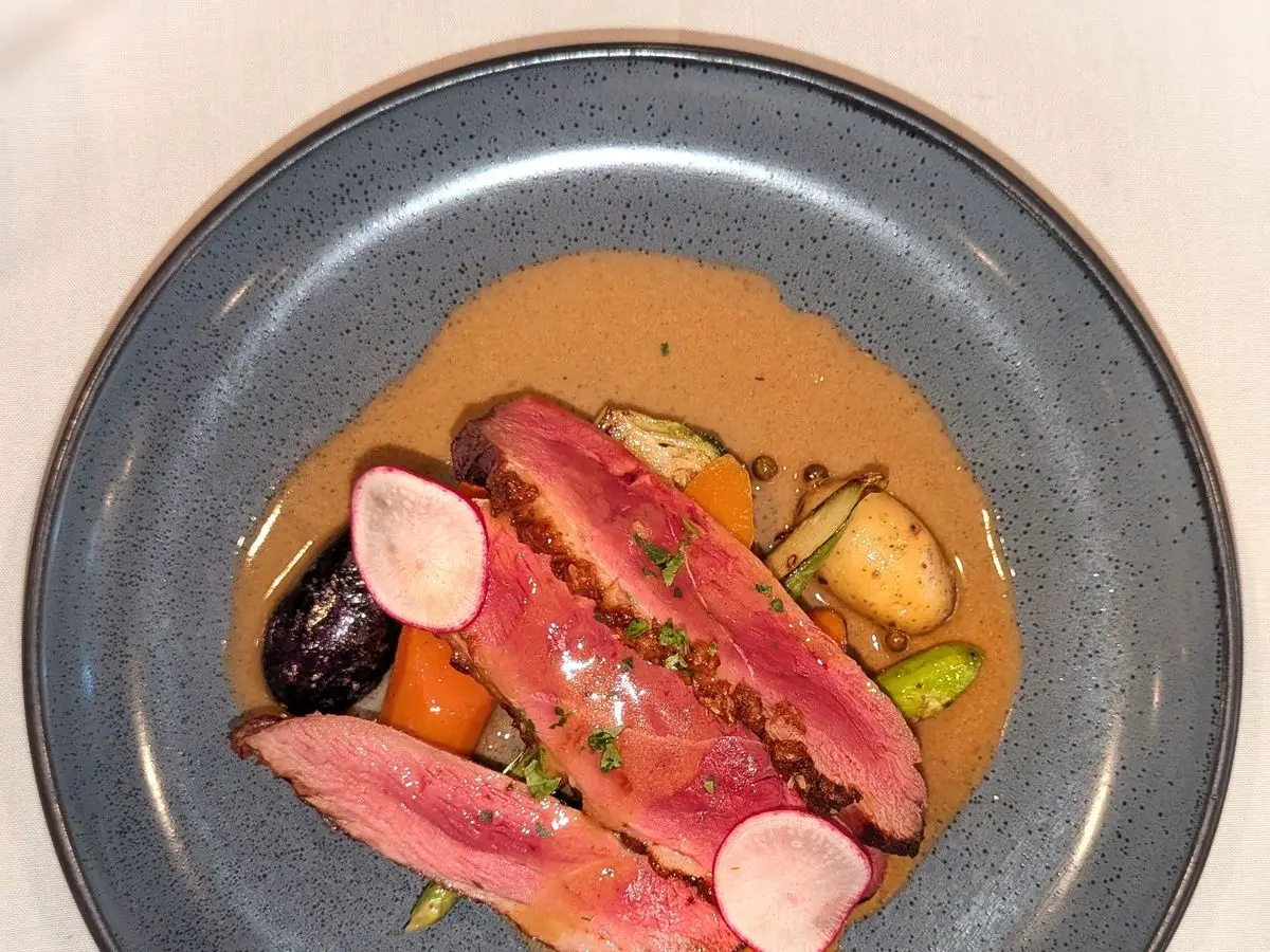 Magret de pato en lonchas con rábano, verduras y salsa en un plato azul grisáceo