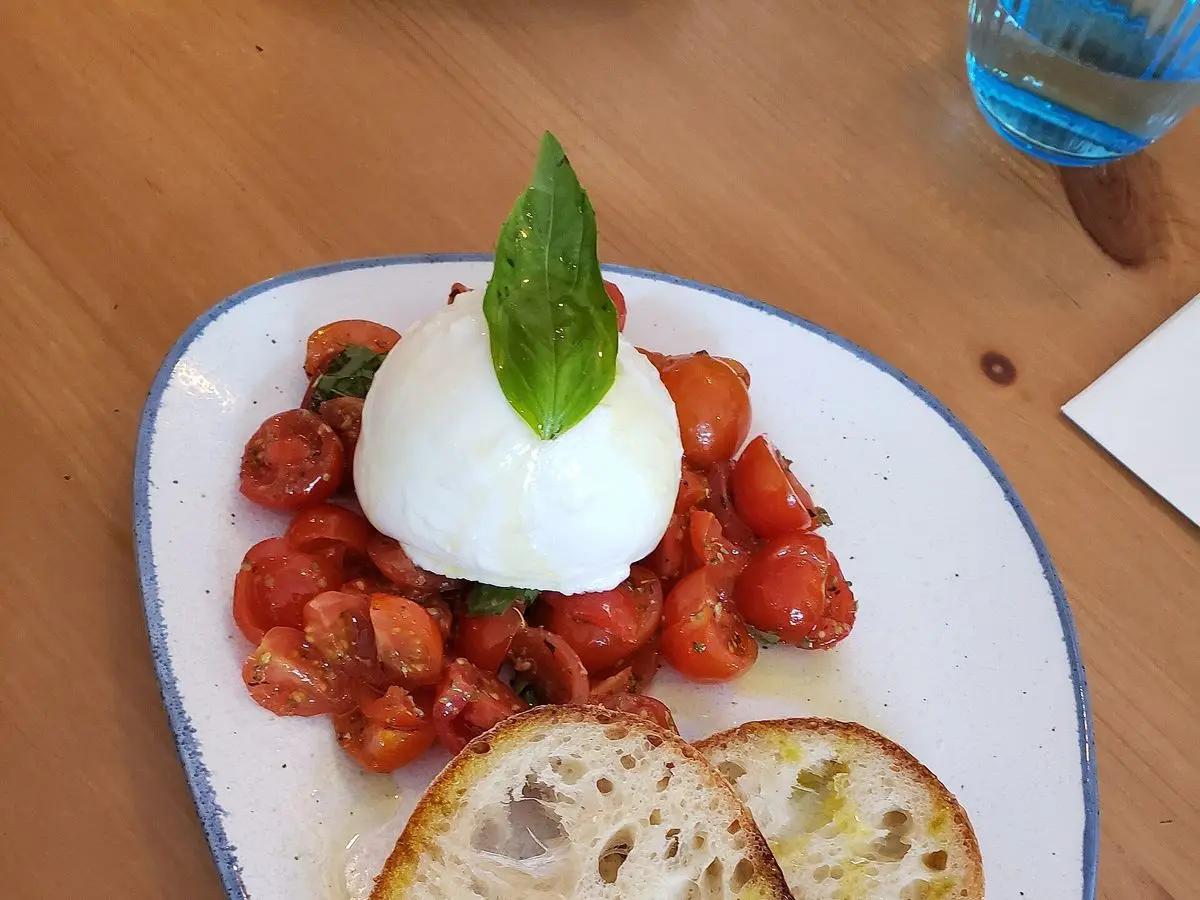 Burrata fresca con tomates cherry, una hoja de albahaca y rebanadas de pan con aceite en un plato oval