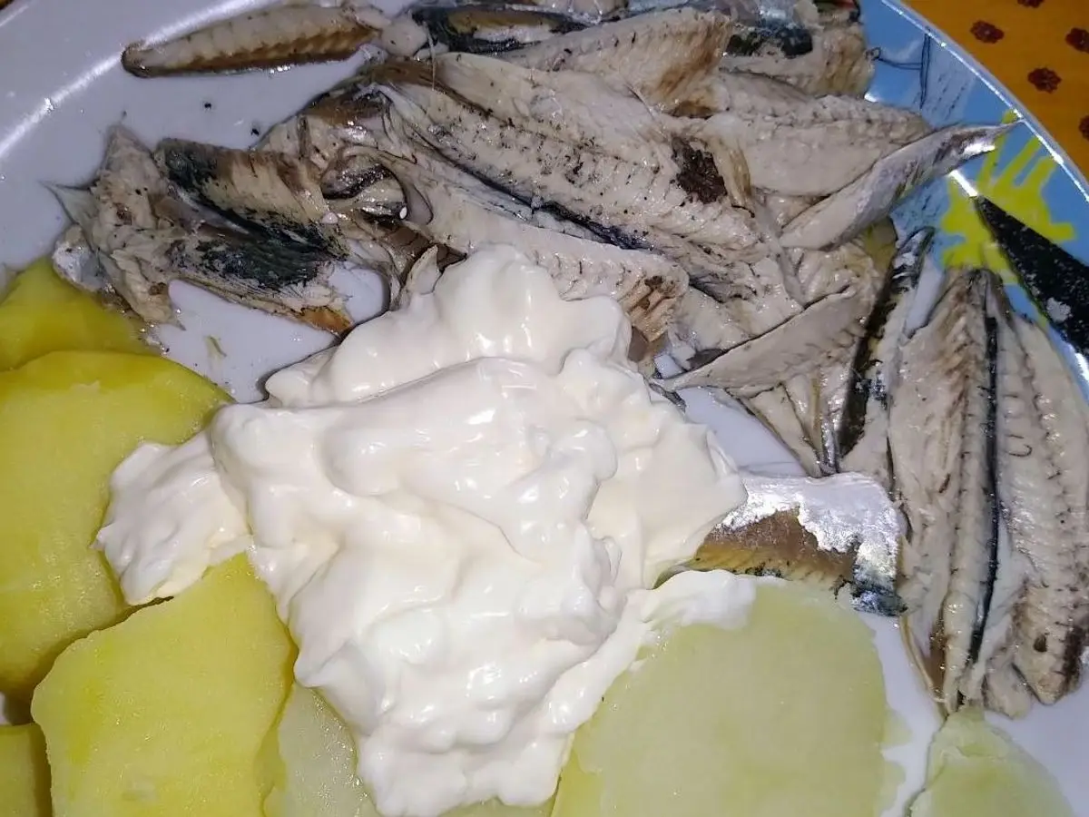 Plato blanco con filetes de caballa y rodajas de patata cocida con una cucharada de salsa cremosa