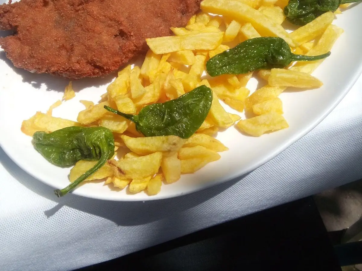 Cachopo empanado dorado acompañado de patatas fritas y pimientos verdes