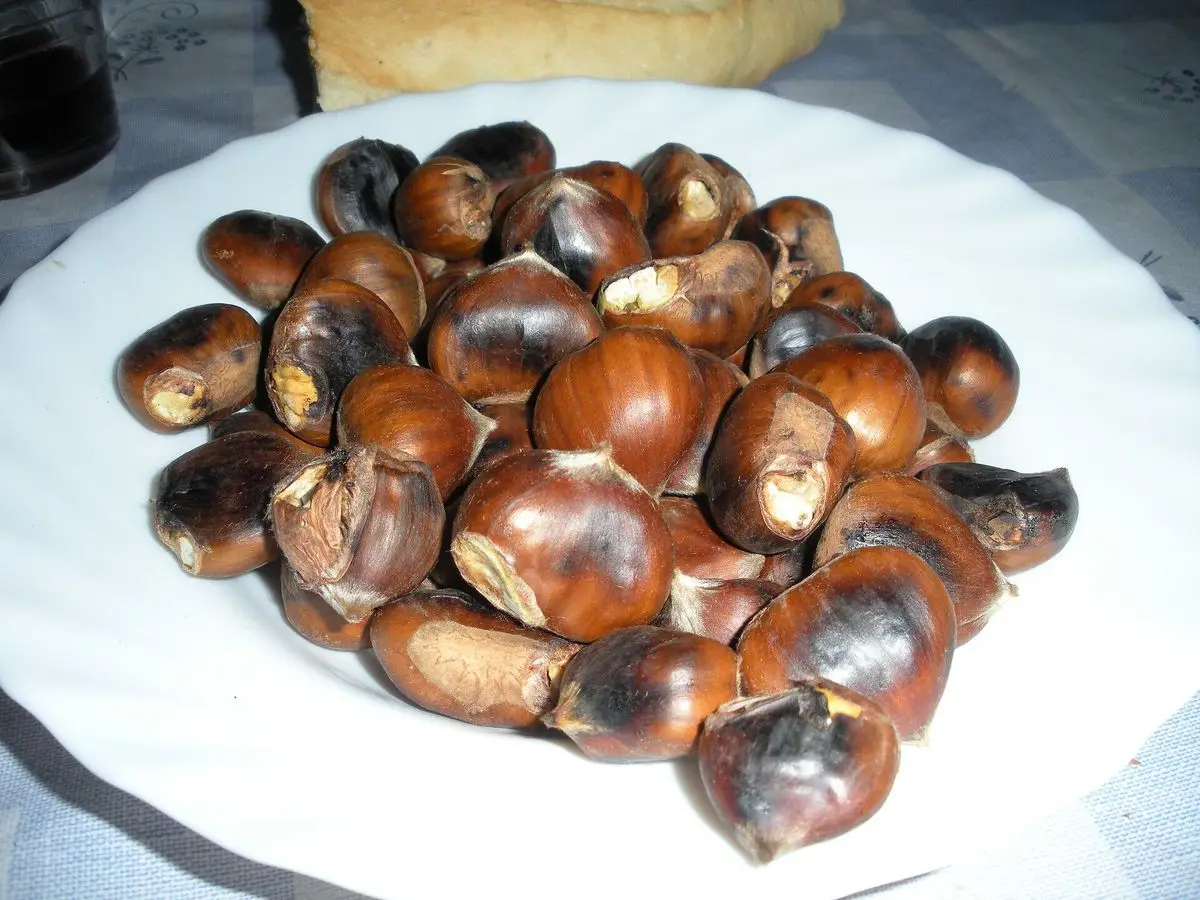 Montón de castañas asadas con la cáscara tostada y abierta sobre un plato blanco