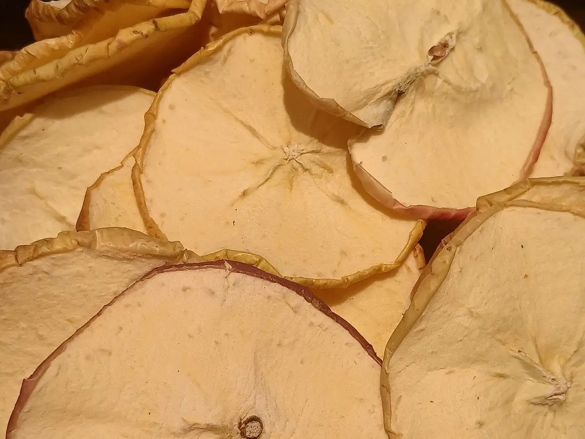 Rodajas finas de manzana deshidratada con aspecto crujiente, vistas de cerca