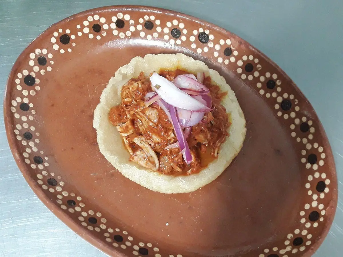 Tortilla de maíz con cerdo desmenuzado y cebolla morada encurtida sobre un plato de barro decorado