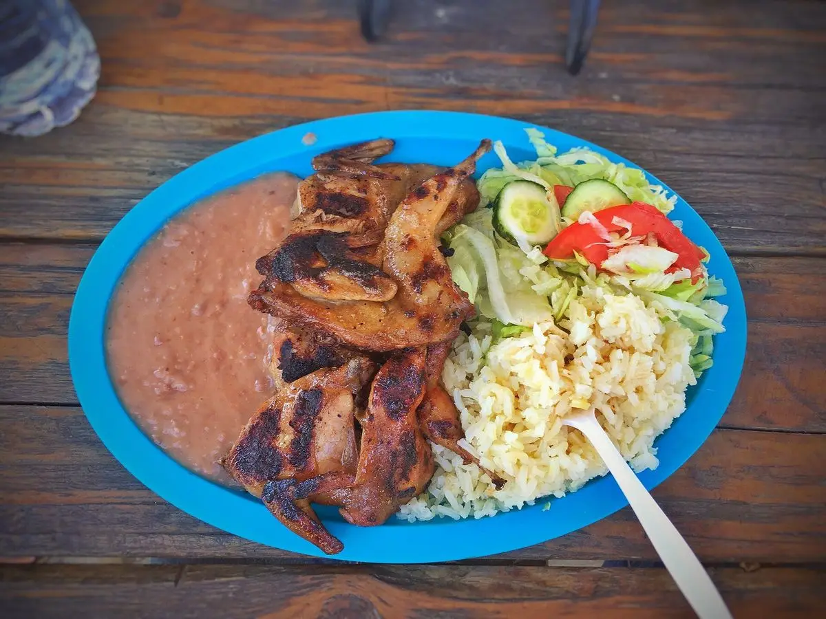 Plato azul con codorniz a la parrilla, ensalada de pepino y tomate, arroz y salsa sobre mesa de madera