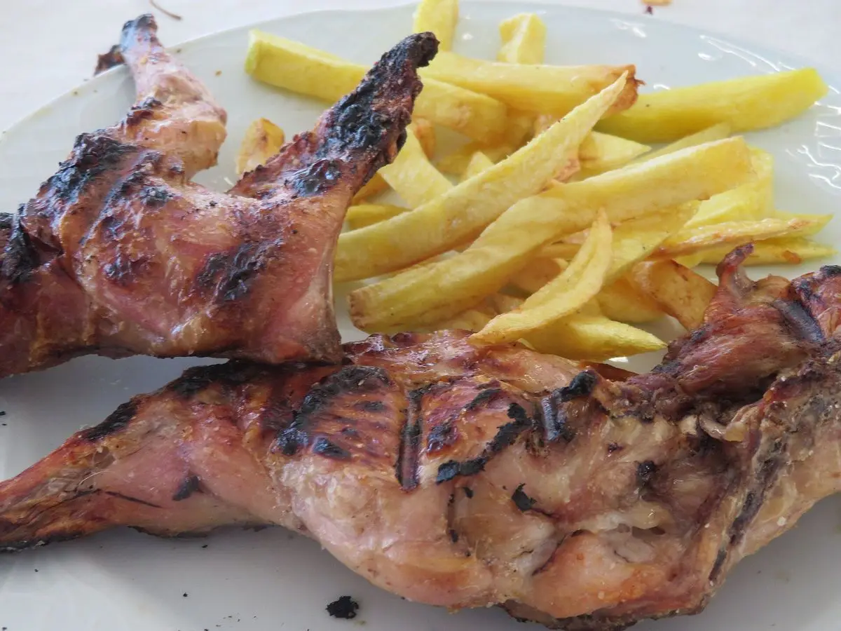 Trozos de conejo asado a la brasa dorado con patatas fritas en un plato blanco