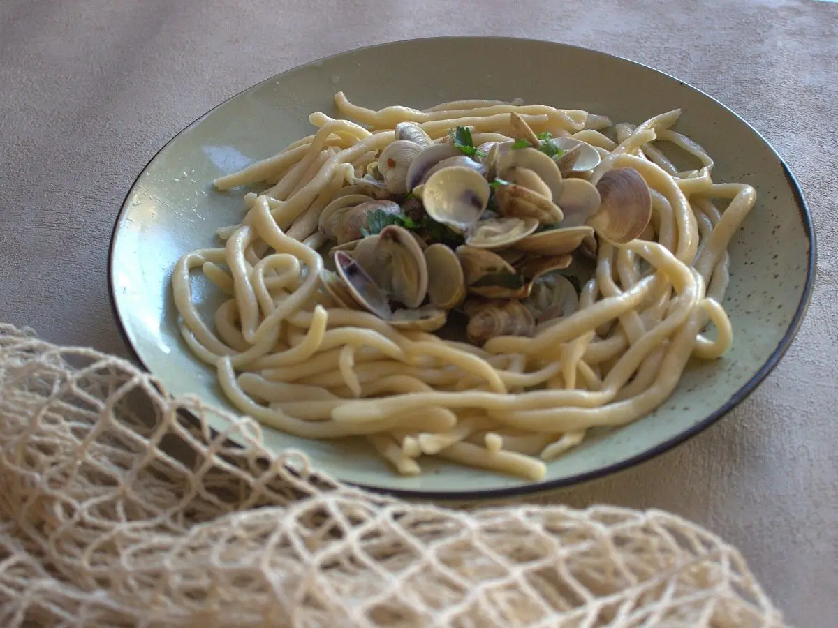 Plato de pasta con almejas abiertas sobre una mesa con red de pesca