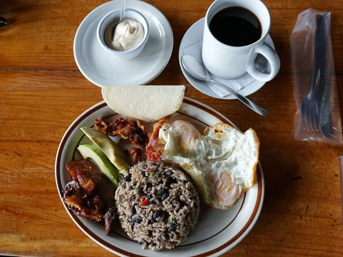 Plato de desayuno con arroz y frijoles negros, huevo frito, plátano, aguacate y tortilla junto a una taza de café
