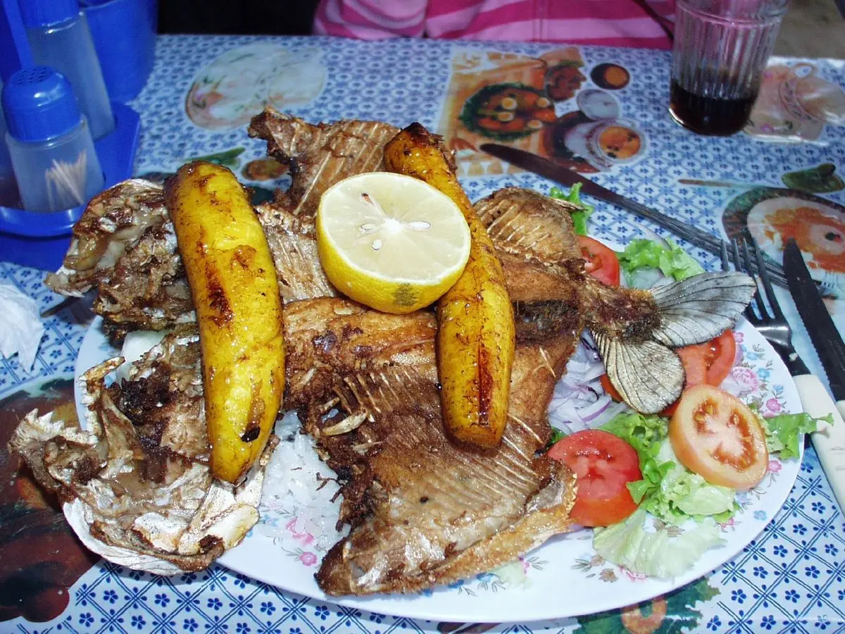 Pescado entero a la brasa con plátano macho frito, limón, tomate y ensalada sobre una mesa