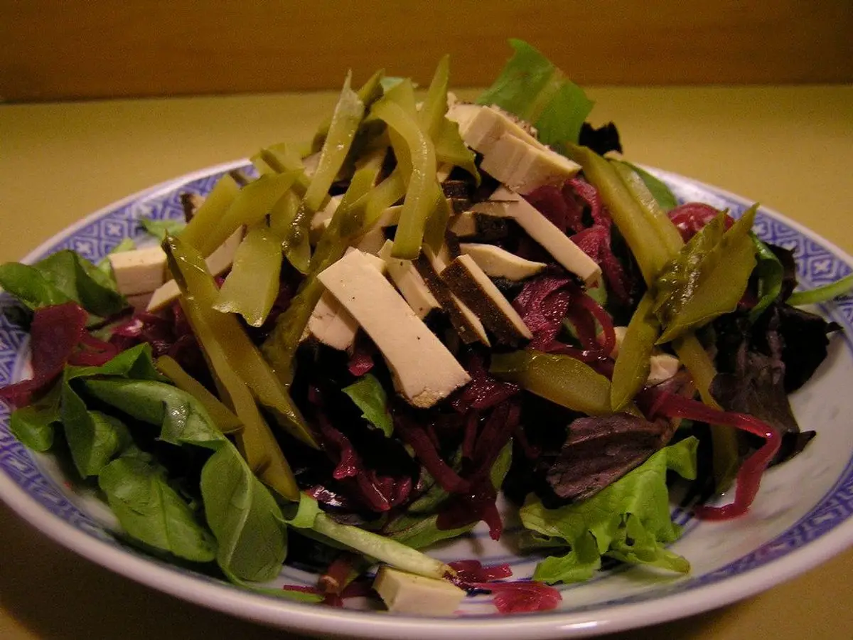 Plato de ensalada de hojas verdes y moradas con láminas de tofu y tiras de verdura