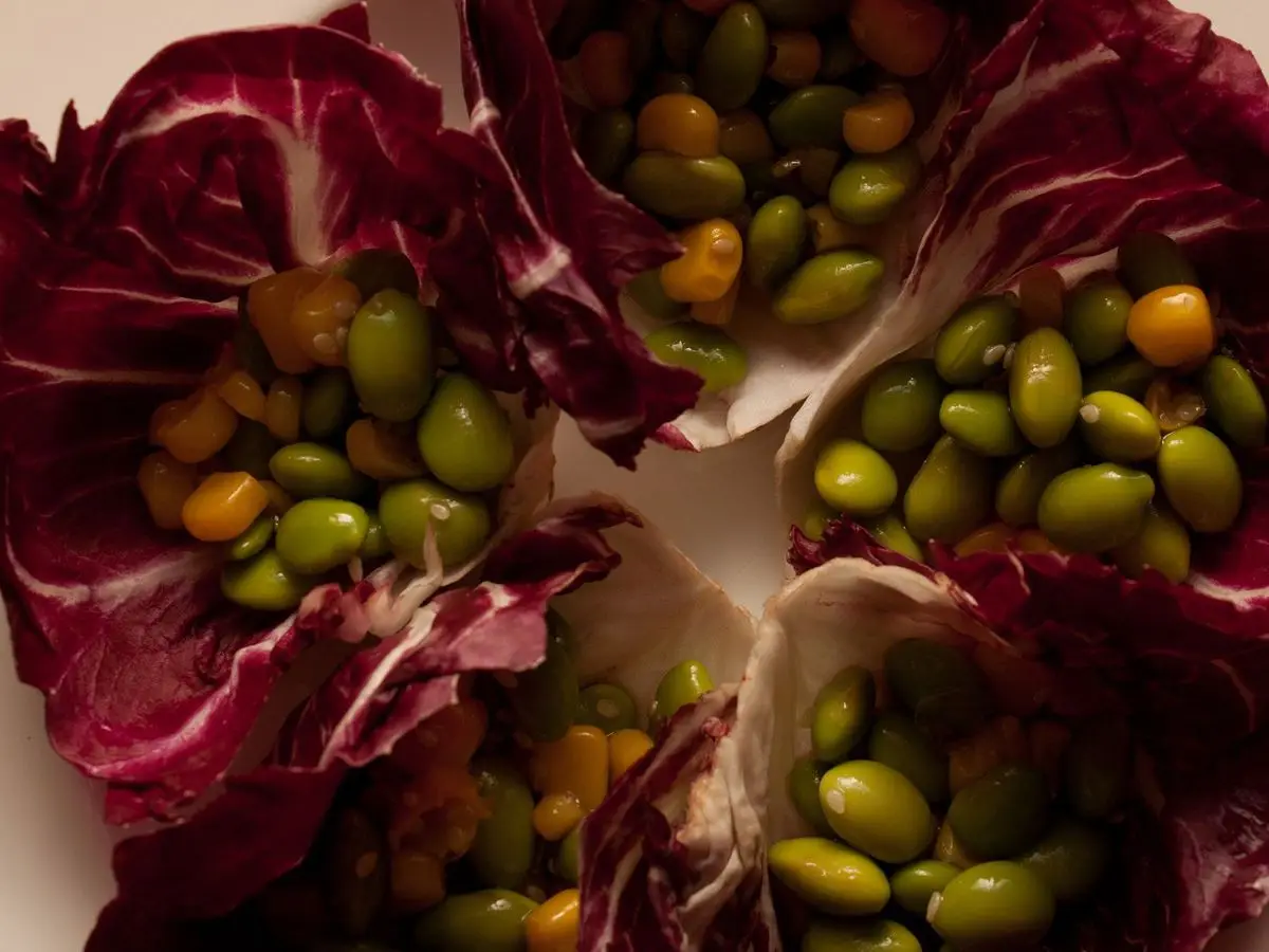 Hojas de radicchio rellenas con edamame y verduras en dados