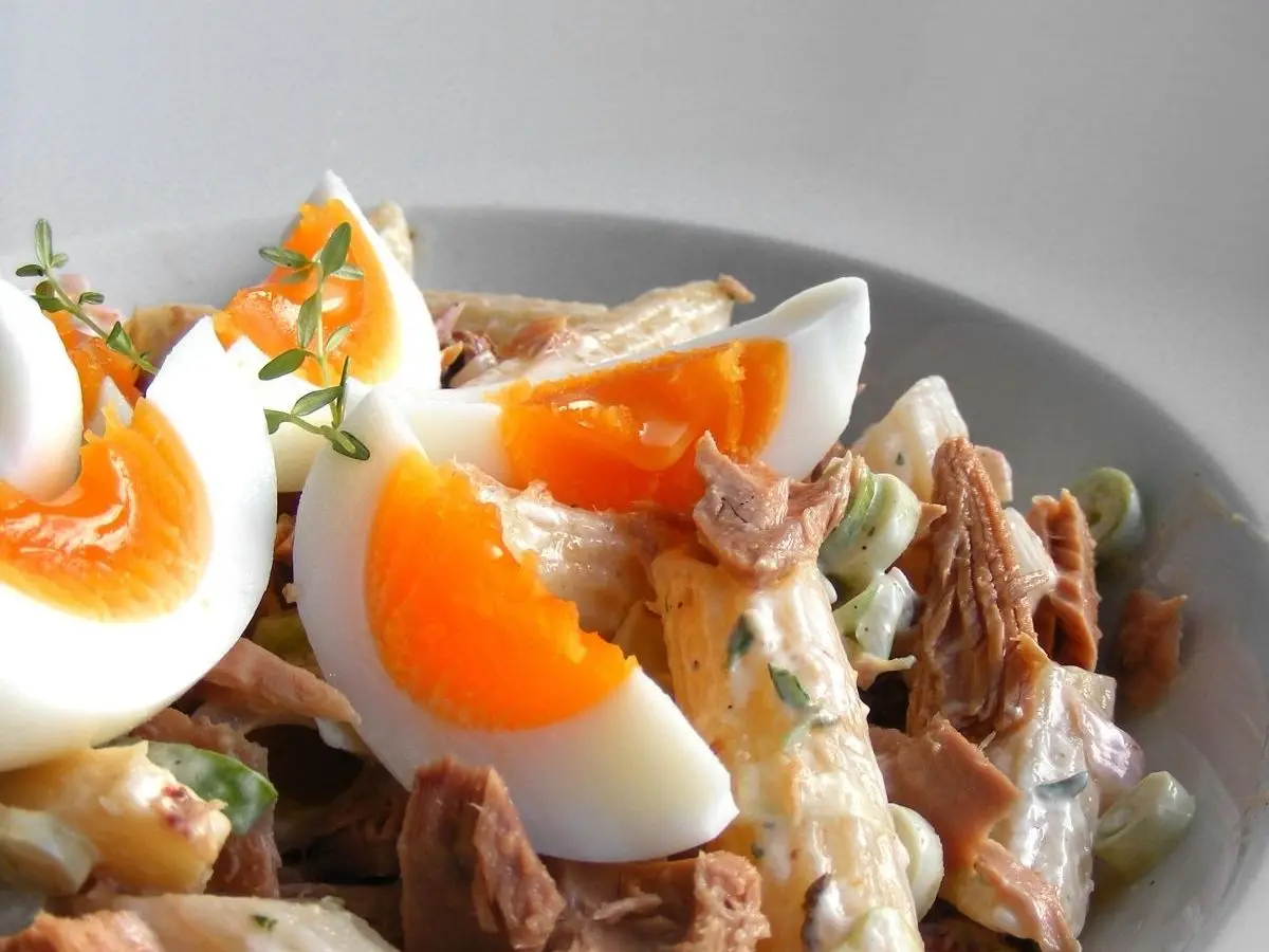 Ensalada de pasta con atún, huevo duro partido y guisantes en un plato