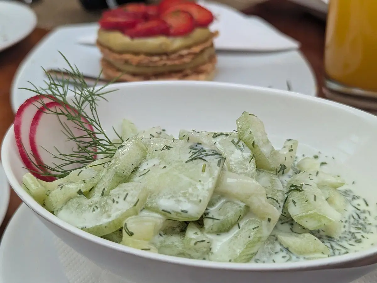 Cuenco de ensalada de pepino en rodajas con salsa de yogur y eneldo, con rabanitos al lado