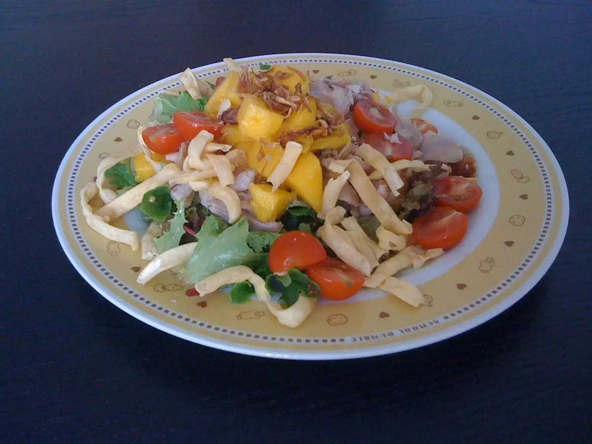 Plato de ensalada con tiras de pollo, dados de mango, tomate y hojas verdes sobre fondo oscuro