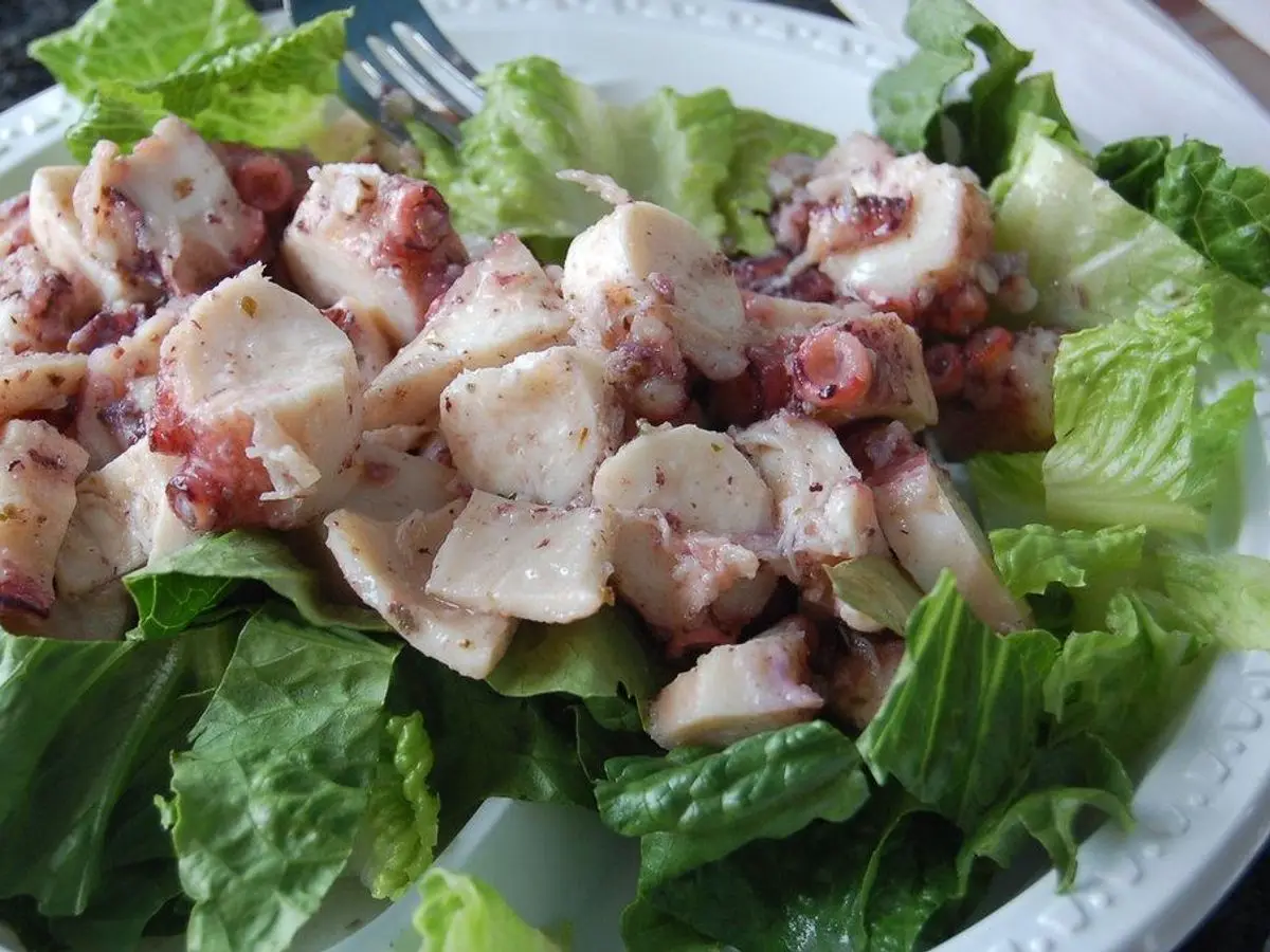 Ensalada de trozos de pulpo cocido sobre hojas de lechuga en un plato blanco
