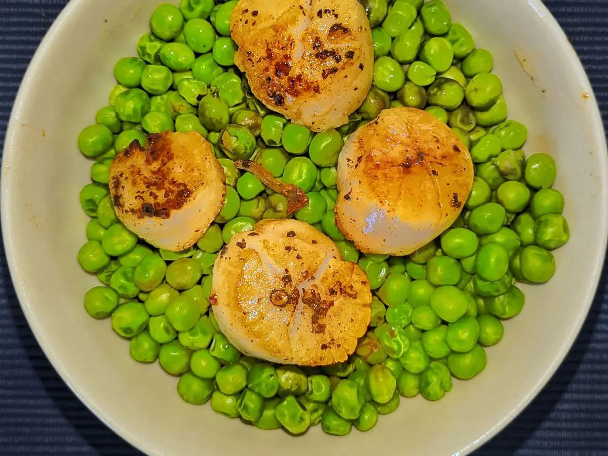Plato hondo con vieiras doradas sobre un lecho de guisantes verdes