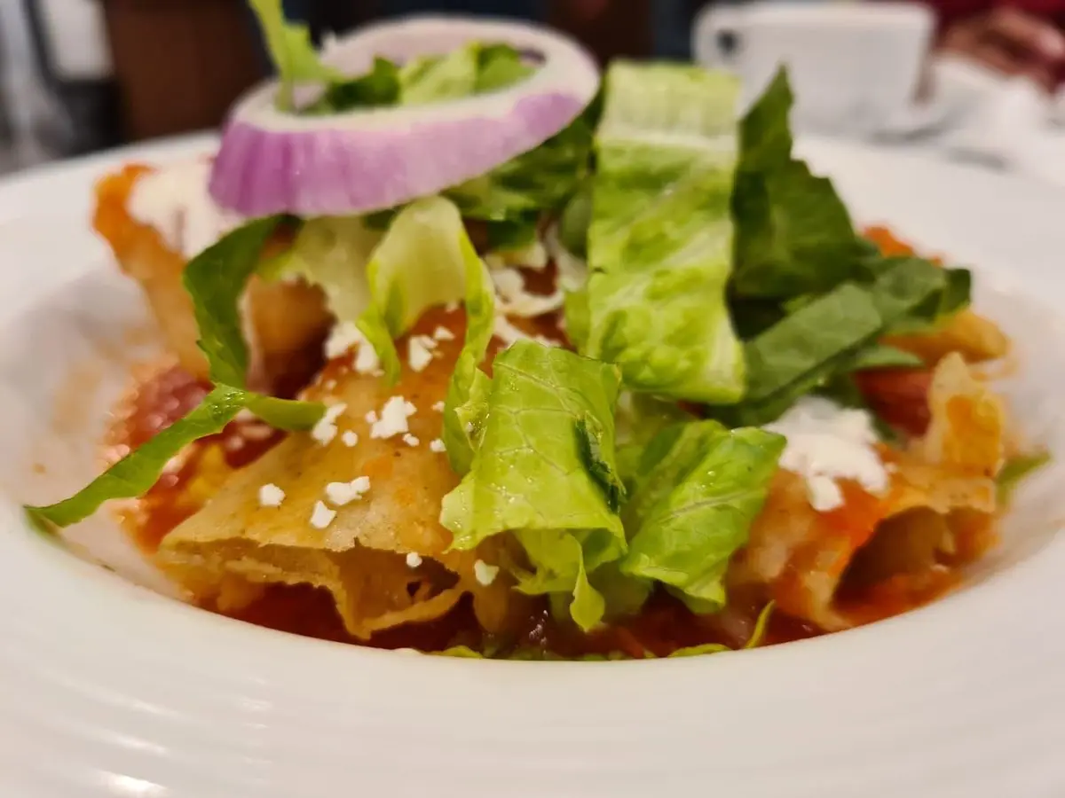 Entomatadas de pollo con lechuga, cebolla morada y queso en un plato blanco