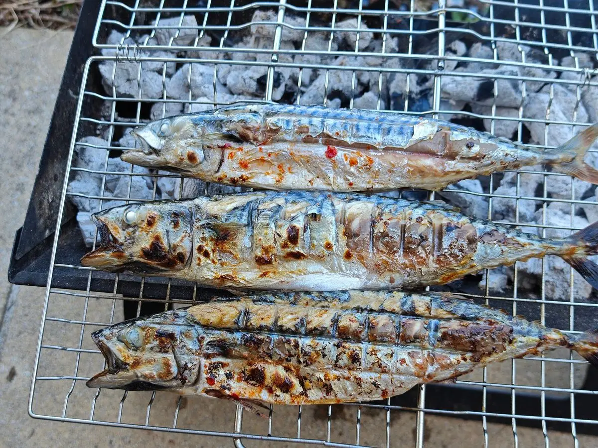 Pescado asado a la brasa sobre una parrilla de barbacoa