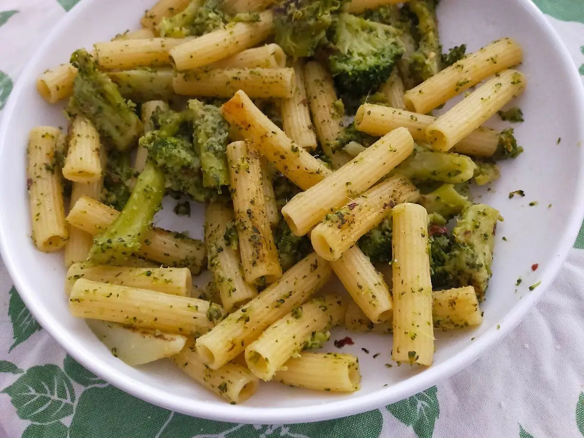 Plato blanco de pasta corta con brócoli y trocitos de pescado en conserva