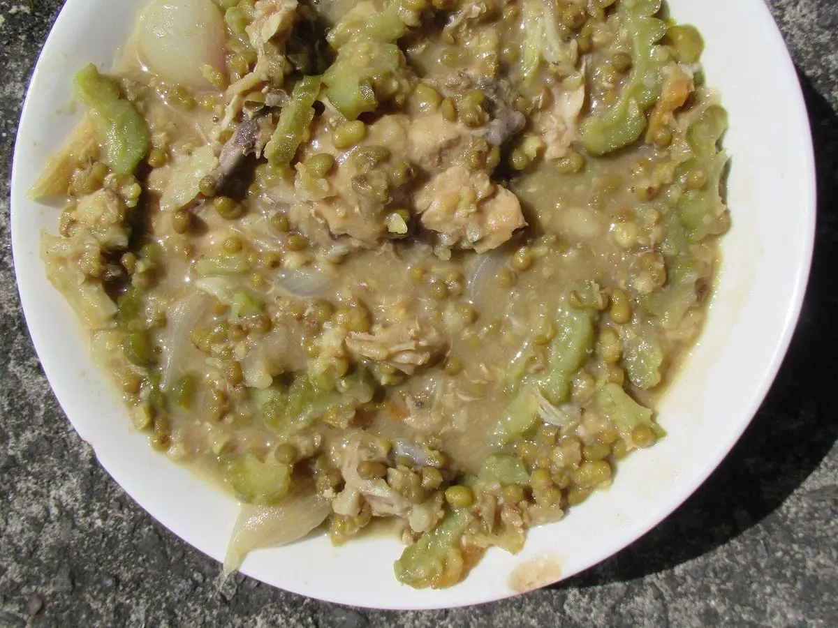 Plato blanco de guiso espeso de judías mungo con melón amargo, cebolla y trozos de carne