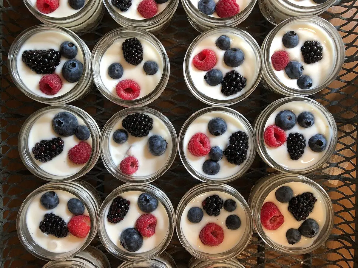 Tarritos de yogur con frutos rojos frescos como arándanos y frambuesas dispuestos en filas