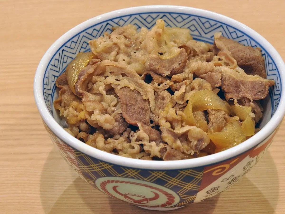 Cuenco de arroz con ternera y cebolla en tiras guisadas, estilo gyudon japonés