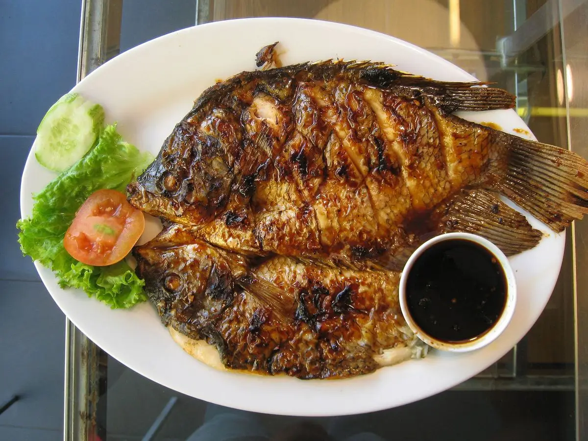Pescado entero a la parrilla con salsa de soja dulce, pepino, tomate y lechuga en un plato blanco