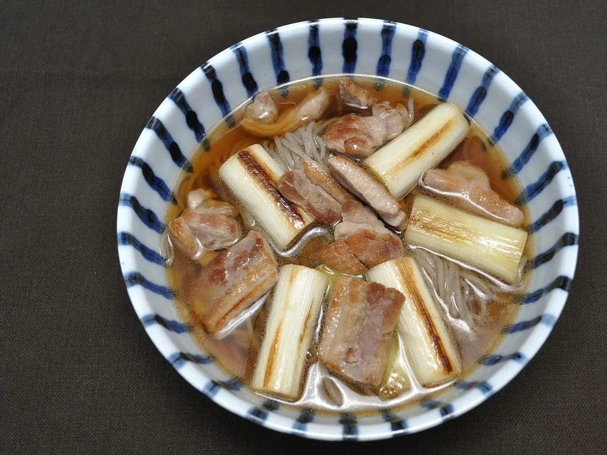 Cuenco de sopa de fideos soba con lonchas de pato y trozos de puerro