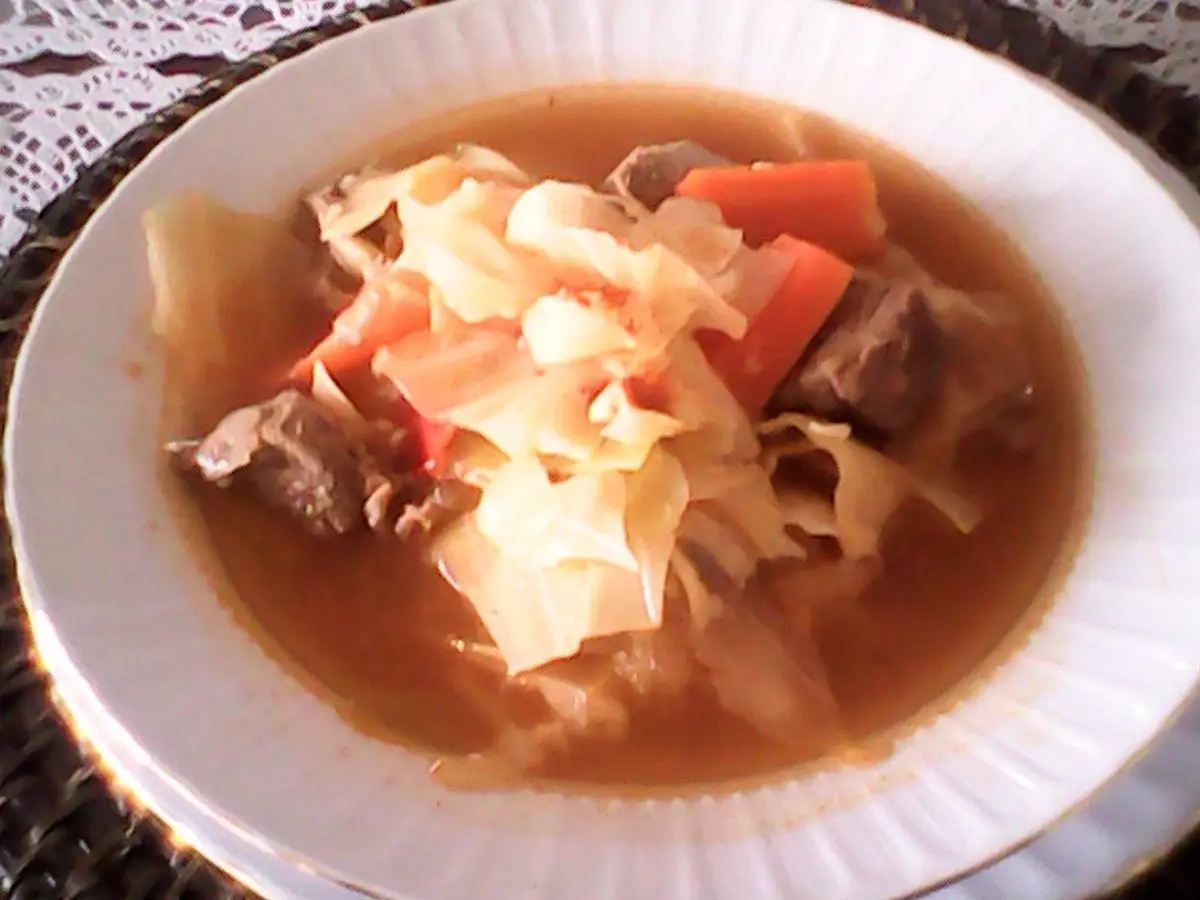 Plato blanco con guiso de repollo, zanahoria y trozos de ternera en caldo de tomate