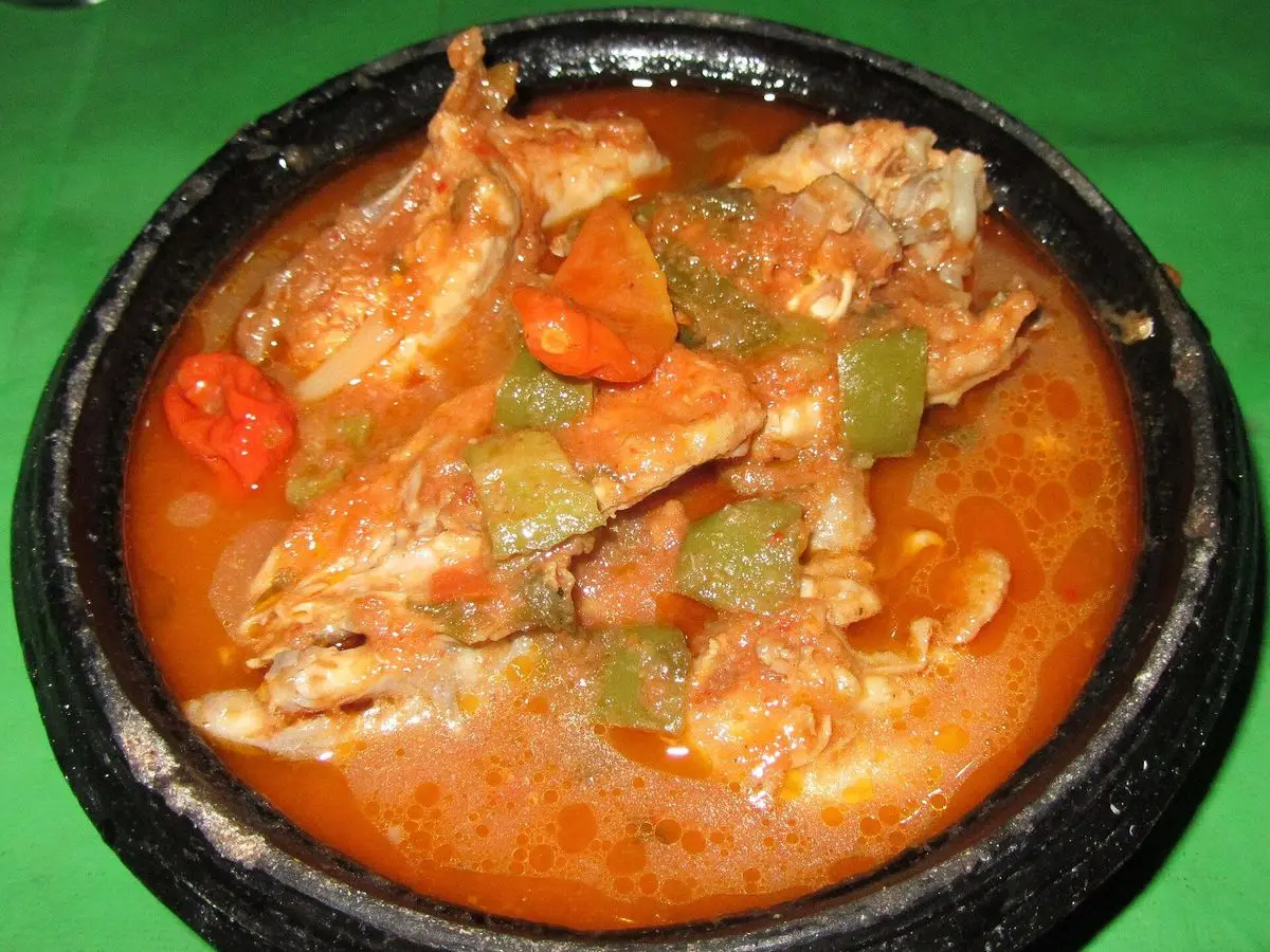 Cazuela negra de pollo guisado con zanahoria, pimiento verde y tomate en salsa roja sobre fondo verde
