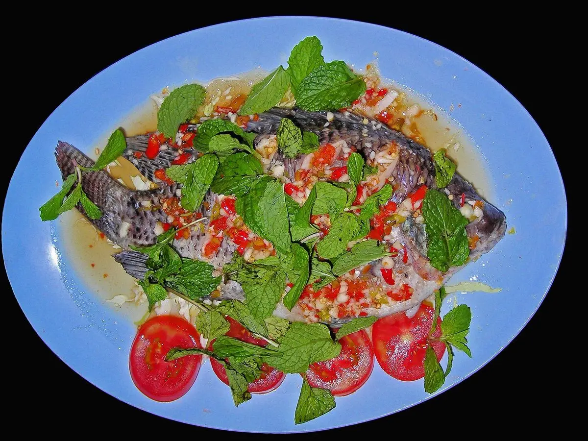 Pescado cubierto de hojas de menta y cilantro con rodajas de tomate y cebolla en un plato azul