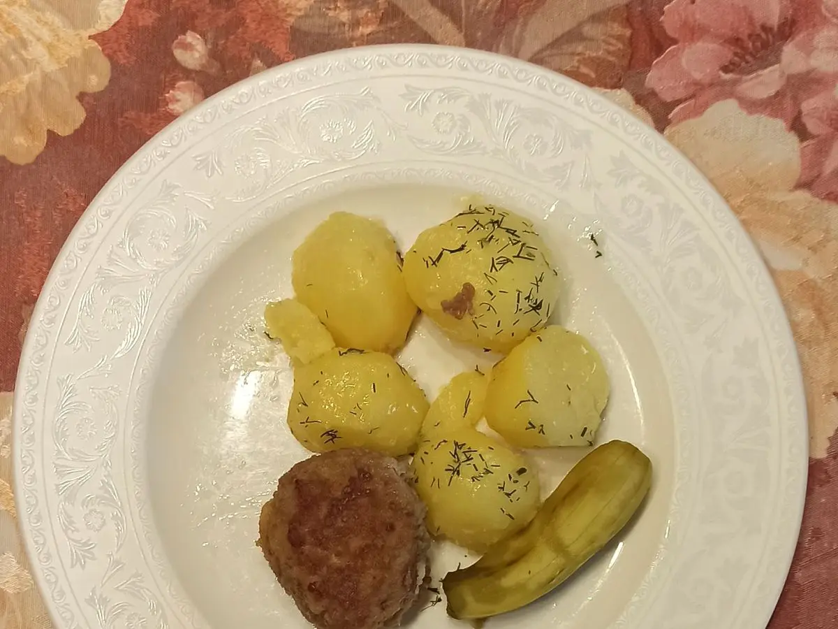 Hamburguesa de carne con patatas cocidas al eneldo y pepinillo en un plato blanco